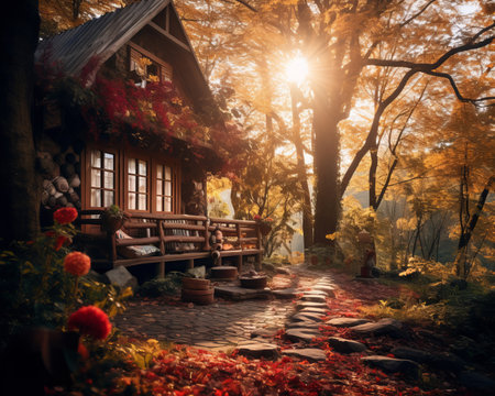 a small cabin in the woods with autumn leaves on the groundの素材