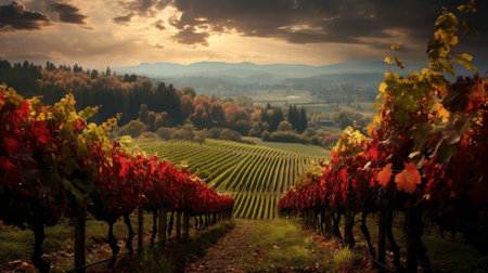 a vineyard field with red and yellow leaves in the fallの素材