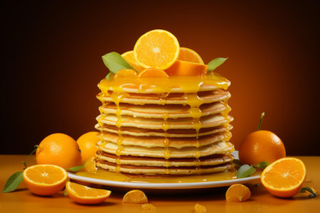 a stack of pancakes with orange slices on topの素材