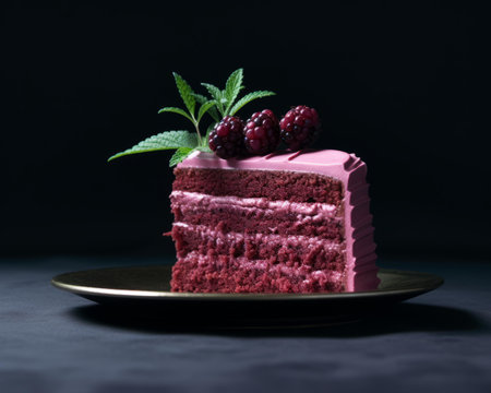 a piece of red velvet cake with berries on topの素材