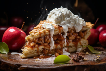 a slice of pie with whipped cream and applesの素材