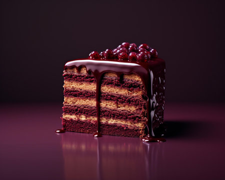 a piece of chocolate cake with cherries on topの素材