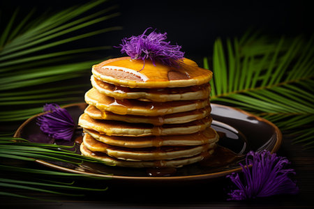 a stack of pancakes on a plate with purple flowersの素材