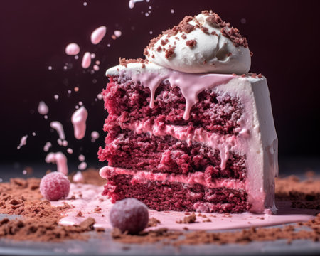 a slice of red velvet cake is being splashed with creamの素材