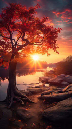 a tree with red leaves on the shore of a lake at sunsetの素材