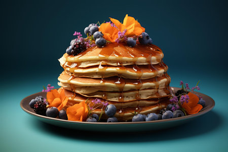 a stack of pancakes with blueberries and berries on topの素材