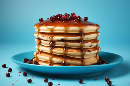 a stack of pancakes with syrup and cranberries on a blue plateの素材