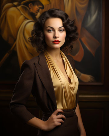 a woman in a brown suit and red lipstick posing in front of a paintingの素材