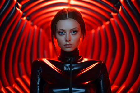 a woman in a black leather outfit in front of a red tunnelの素材