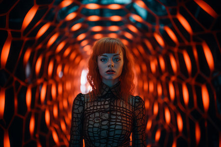 a woman in a black and red dress standing in a tunnelの素材