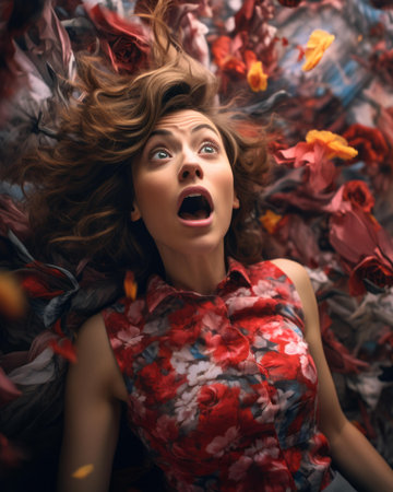 a woman in a floral dress is surrounded by flowersの素材