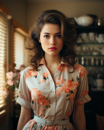 a woman in a floral dress posing for the cameraの素材