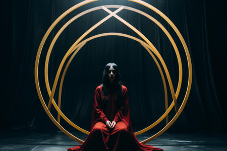 a woman in a red dress sitting in a circleの素材