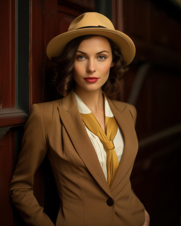 a woman in a brown suit and hatの素材