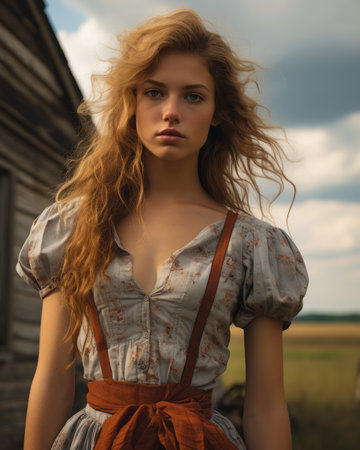 a woman in a dress standing in front of a houseの素材