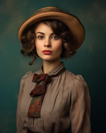 a woman in a hat and dress posing for the cameraの素材