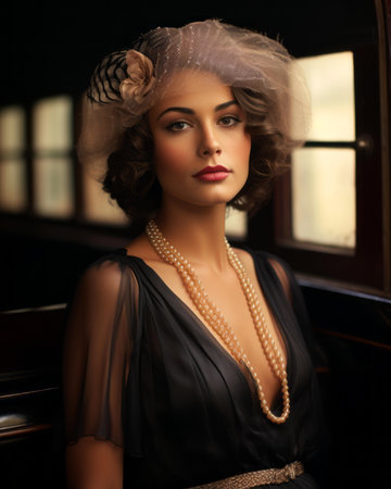 a woman in a black dress with pearls and a hatの素材