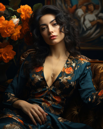 a woman in a floral dress sitting on a couch with orange flowersの素材