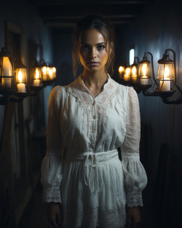 a woman in a white dress standing in a dark hallwayの素材