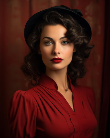 a woman in a red dress with a black hatの素材