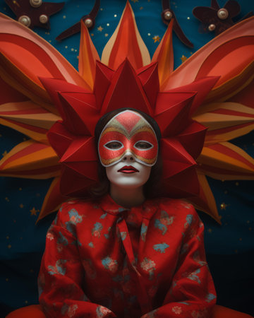 a woman in a red dress with a mask on her faceの素材