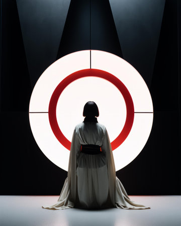 a woman in a white robe sitting in front of a circular lightの素材