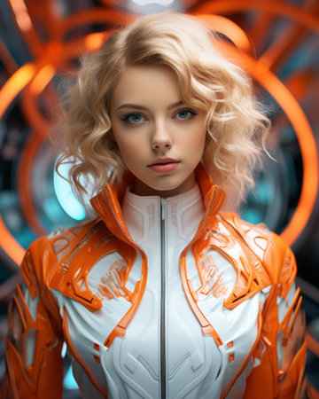 a woman in an orange and white suitの素材