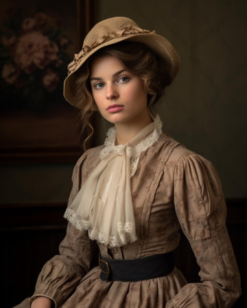 a woman in a hat and dress poses for the cameraの素材