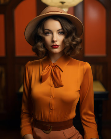 a woman in an orange blouse and hat posing for the cameraの素材