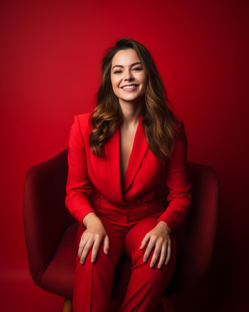 a woman in a red suit sitting on a red chairの素材