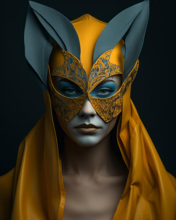 a woman in a yellow mask with blue eyesの素材