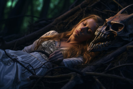 a woman in a white dress laying in the woods next to a skullの素材