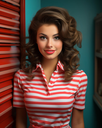 a woman in a red and white striped shirtの素材