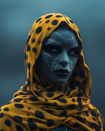 a woman in a yellow and black scarf with black spots on her faceの素材