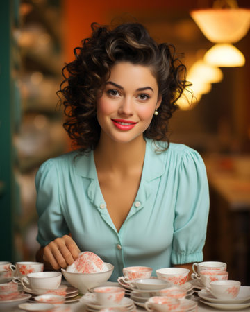 a woman sitting at a table with a bunch of tea cups and saucersの素材
