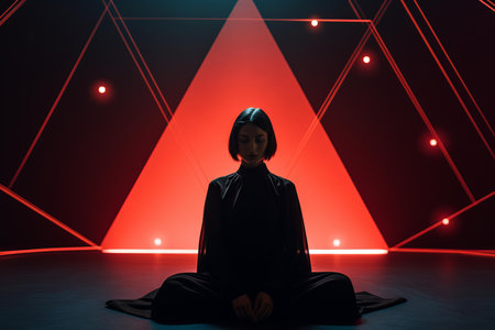 a woman sitting in a dark room with red lightsの素材
