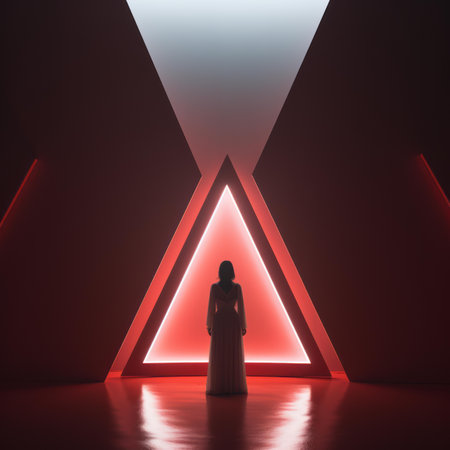 a woman standing in front of a red triangleの素材