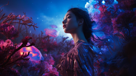 a woman standing in the middle of a field of flowersの素材