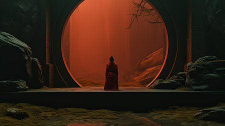 a woman standing in front of a red doorの素材