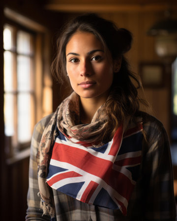 a woman wearing a union jack scarfの素材
