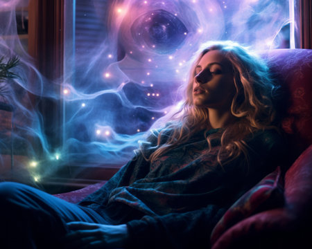 a woman is sitting in a chair with smoke coming out of her eyesの素材