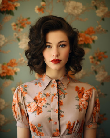 a woman wearing a floral dress and red lipstickの素材