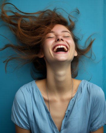 a woman laughing with her hair flying in the airの素材