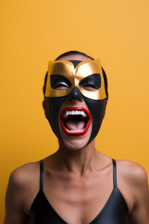a woman wearing a black and gold mask on a yellow backgroundの素材