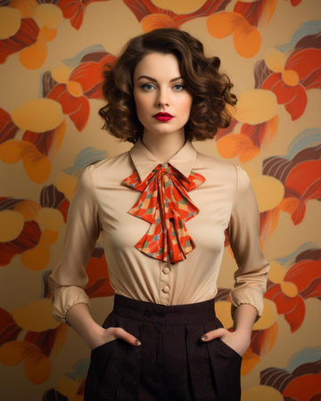 a woman wearing an orange blouse and black skirtの素材