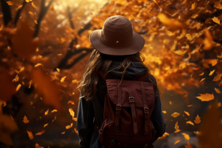 a woman with a hat and backpack walking through an autumn forestの素材