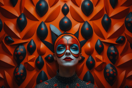 a woman wearing a mask and surrounded by black and orange ballsの素材