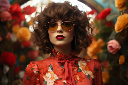 a woman wearing sunglasses and a floral dressの素材