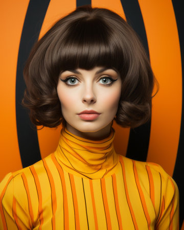a woman with a short brown hair and an orange topの素材