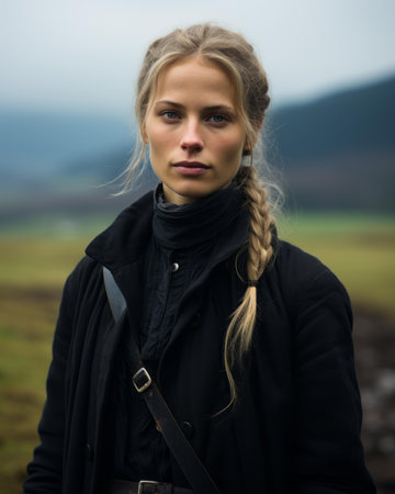 a woman with braids in a black coat standing in the middle of a fieldの素材